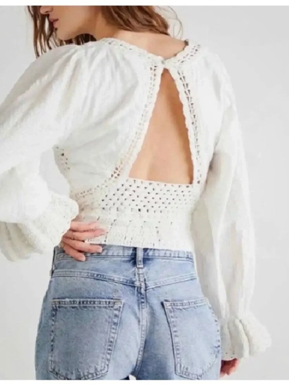 Free People Women's Ivory Long-Sleeve Megan Crochet Cutout Back Top Size L